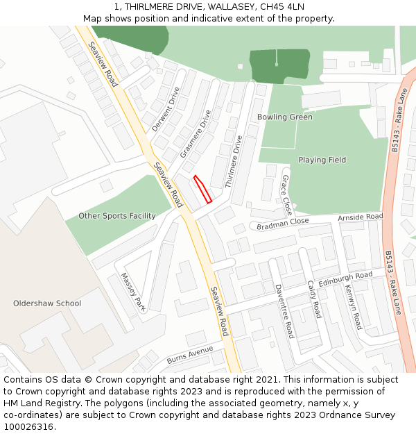 1, THIRLMERE DRIVE, WALLASEY, CH45 4LN: Location map and indicative extent of plot