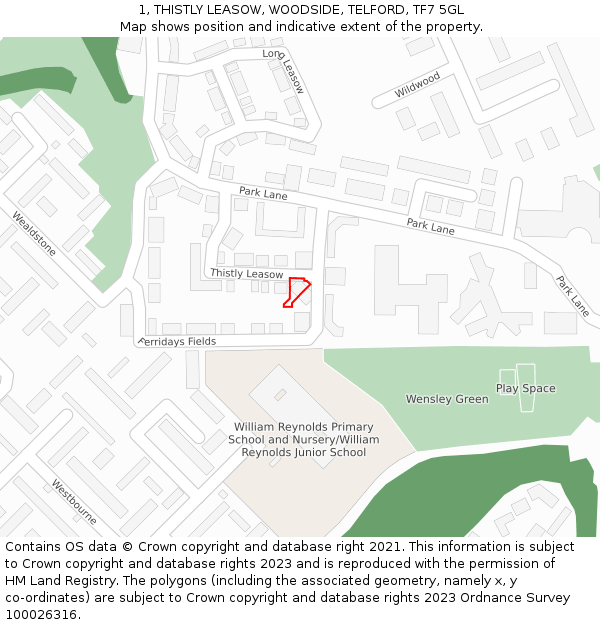 1, THISTLY LEASOW, WOODSIDE, TELFORD, TF7 5GL: Location map and indicative extent of plot