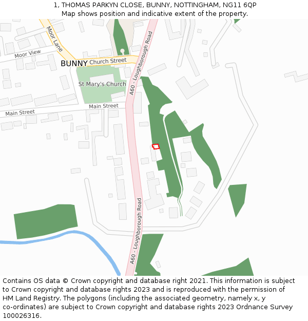 1, THOMAS PARKYN CLOSE, BUNNY, NOTTINGHAM, NG11 6QP: Location map and indicative extent of plot