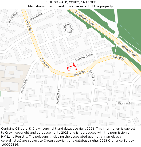 1, THOR WALK, CORBY, NN18 9EE: Location map and indicative extent of plot