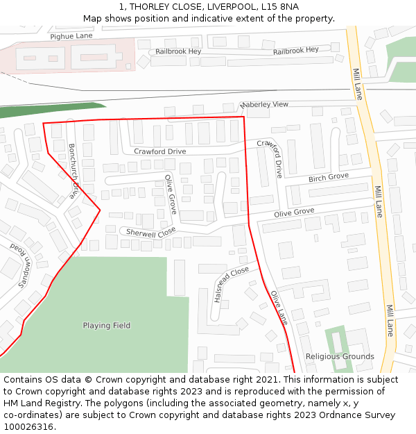 1, THORLEY CLOSE, LIVERPOOL, L15 8NA: Location map and indicative extent of plot