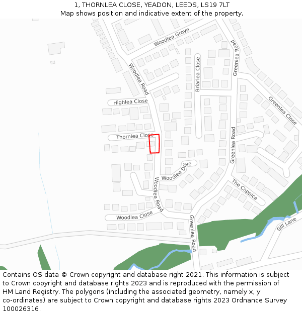 1, THORNLEA CLOSE, YEADON, LEEDS, LS19 7LT: Location map and indicative extent of plot