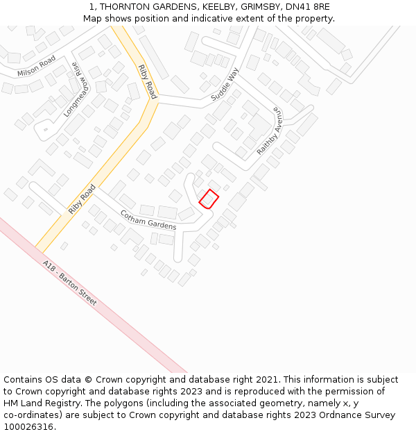 1, THORNTON GARDENS, KEELBY, GRIMSBY, DN41 8RE: Location map and indicative extent of plot