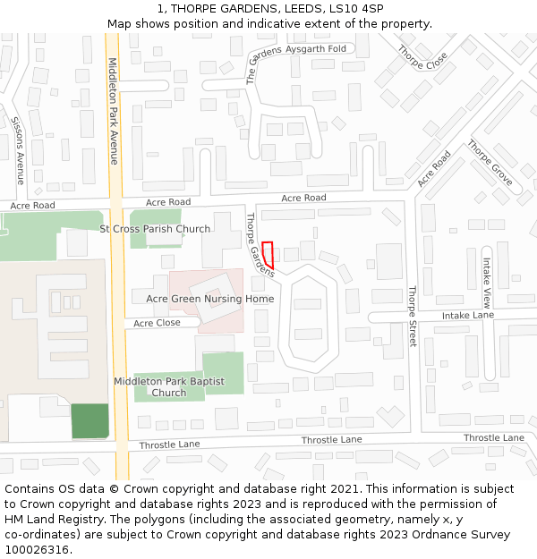 1, THORPE GARDENS, LEEDS, LS10 4SP: Location map and indicative extent of plot