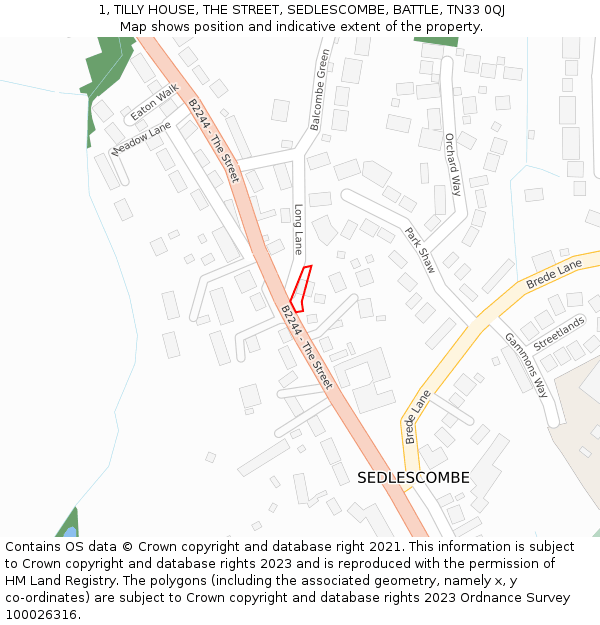 1, TILLY HOUSE, THE STREET, SEDLESCOMBE, BATTLE, TN33 0QJ: Location map and indicative extent of plot