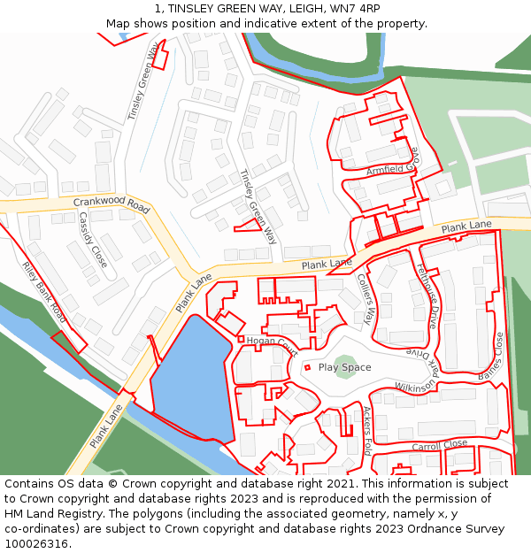 1, TINSLEY GREEN WAY, LEIGH, WN7 4RP: Location map and indicative extent of plot