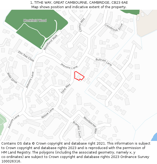1, TITHE WAY, GREAT CAMBOURNE, CAMBRIDGE, CB23 6AE: Location map and indicative extent of plot