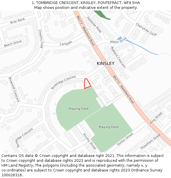 1, TOMBRIDGE CRESCENT, KINSLEY, PONTEFRACT, WF9 5HA: Location map and indicative extent of plot