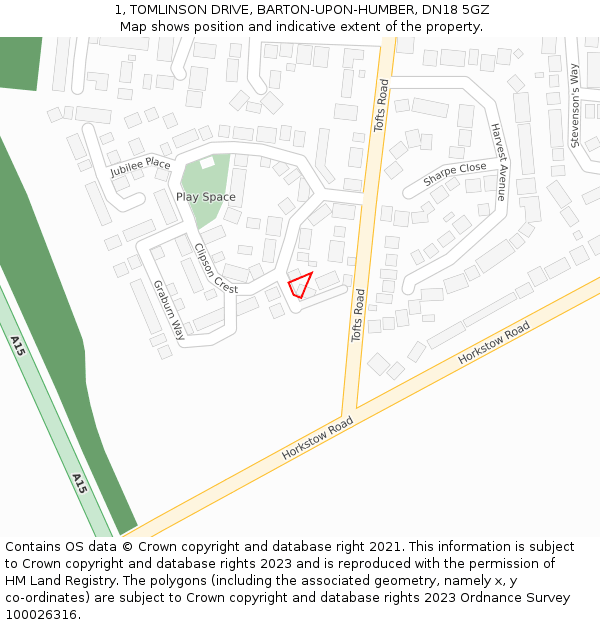 1, TOMLINSON DRIVE, BARTON-UPON-HUMBER, DN18 5GZ: Location map and indicative extent of plot