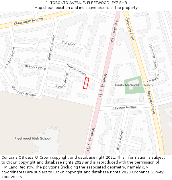 1, TORONTO AVENUE, FLEETWOOD, FY7 8HB: Location map and indicative extent of plot