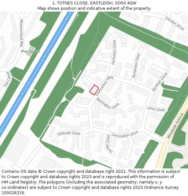 1, TOTNES CLOSE, EASTLEIGH, SO50 4QW: Location map and indicative extent of plot