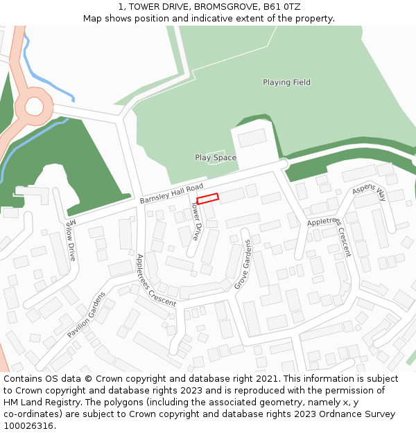 1, TOWER DRIVE, BROMSGROVE, B61 0TZ: Location map and indicative extent of plot