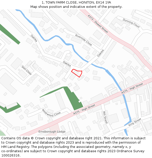 1, TOWN FARM CLOSE, HONITON, EX14 1YA: Location map and indicative extent of plot