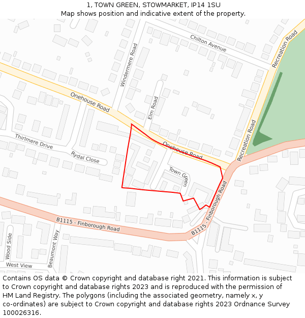 1, TOWN GREEN, STOWMARKET, IP14 1SU: Location map and indicative extent of plot