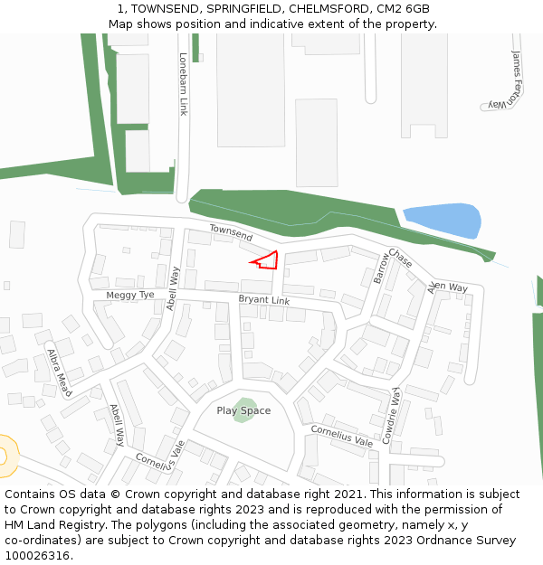 1, TOWNSEND, SPRINGFIELD, CHELMSFORD, CM2 6GB: Location map and indicative extent of plot