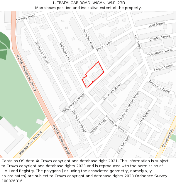 1, TRAFALGAR ROAD, WIGAN, WN1 2BB: Location map and indicative extent of plot