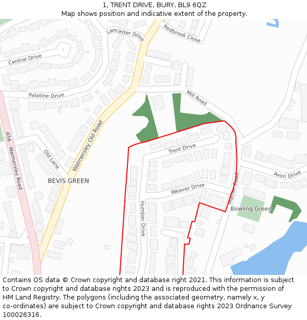 1, TRENT DRIVE, BURY, BL9 6QZ: Location map and indicative extent of plot