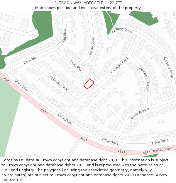 1, TROON WAY, ABERGELE, LL22 7TT: Location map and indicative extent of plot