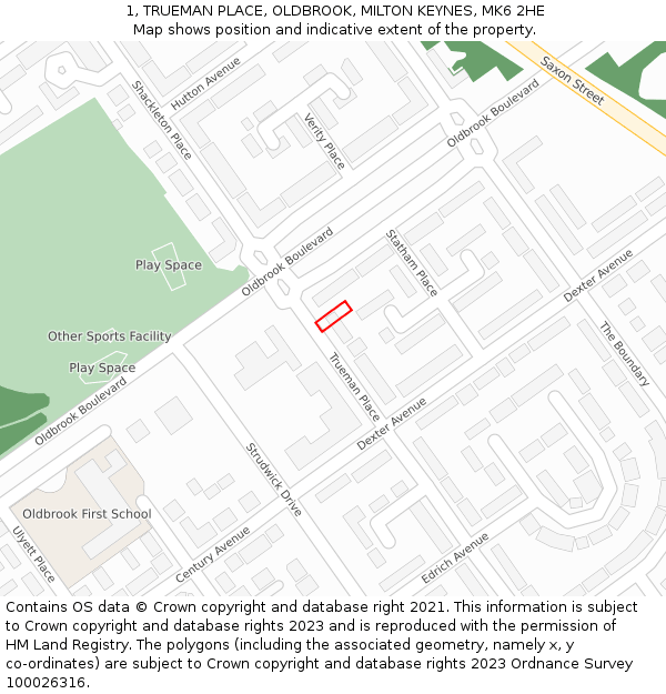 1, TRUEMAN PLACE, OLDBROOK, MILTON KEYNES, MK6 2HE: Location map and indicative extent of plot