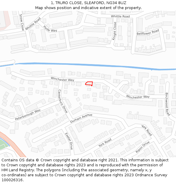 1, TRURO CLOSE, SLEAFORD, NG34 8UZ: Location map and indicative extent of plot