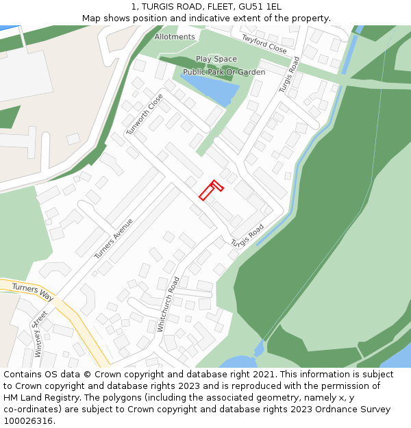 1, TURGIS ROAD, FLEET, GU51 1EL: Location map and indicative extent of plot