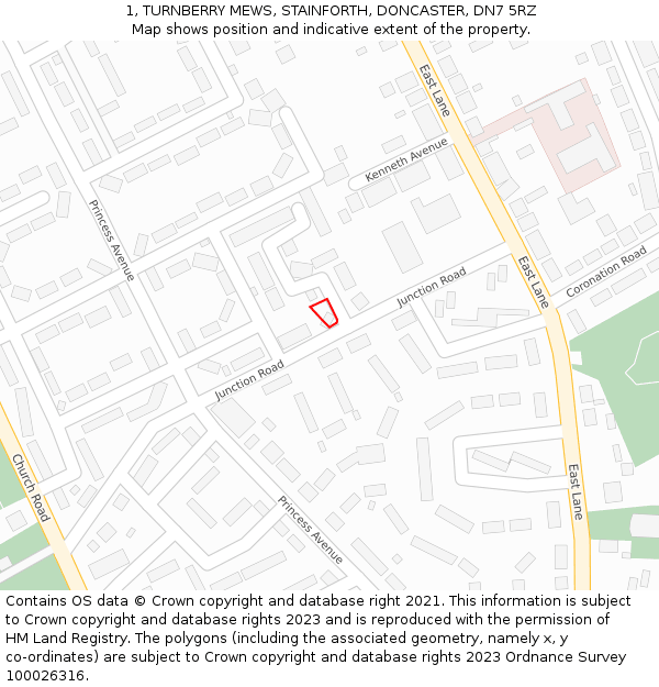 1, TURNBERRY MEWS, STAINFORTH, DONCASTER, DN7 5RZ: Location map and indicative extent of plot