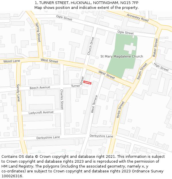 1, TURNER STREET, HUCKNALL, NOTTINGHAM, NG15 7FP: Location map and indicative extent of plot