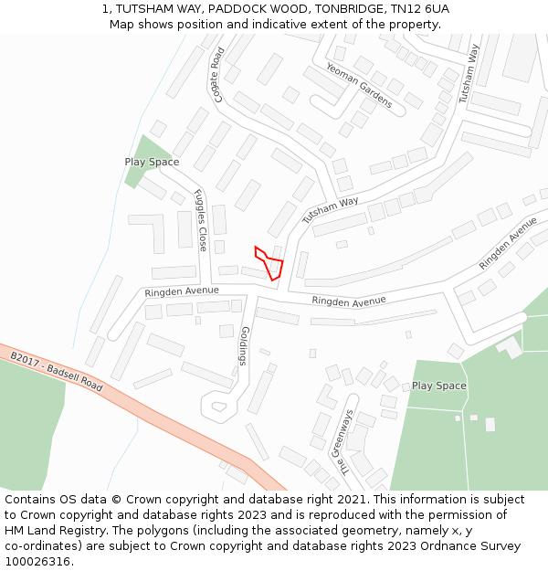 1, TUTSHAM WAY, PADDOCK WOOD, TONBRIDGE, TN12 6UA: Location map and indicative extent of plot