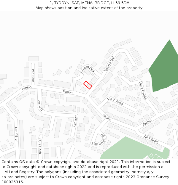 1, TYDDYN ISAF, MENAI BRIDGE, LL59 5DA: Location map and indicative extent of plot