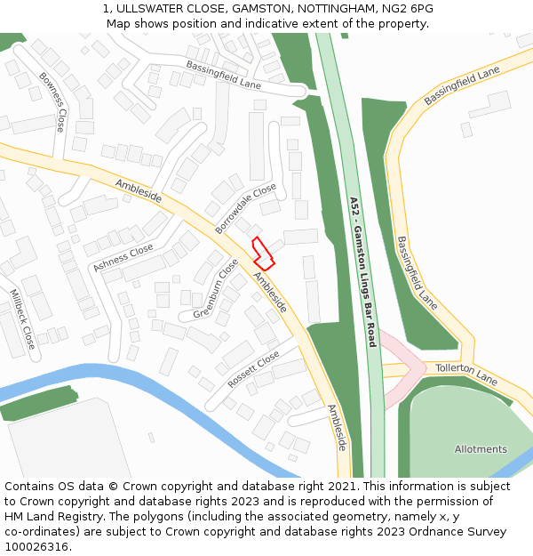 1, ULLSWATER CLOSE, GAMSTON, NOTTINGHAM, NG2 6PG: Location map and indicative extent of plot