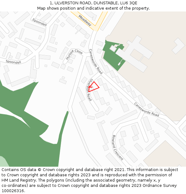 1, ULVERSTON ROAD, DUNSTABLE, LU6 3QE: Location map and indicative extent of plot