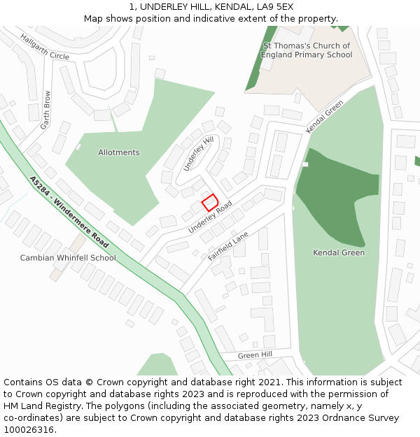 1, UNDERLEY HILL, KENDAL, LA9 5EX: Location map and indicative extent of plot