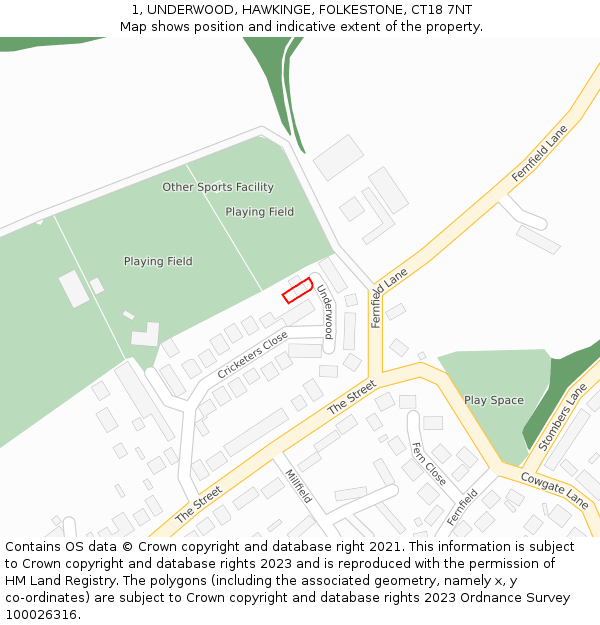 1, UNDERWOOD, HAWKINGE, FOLKESTONE, CT18 7NT: Location map and indicative extent of plot