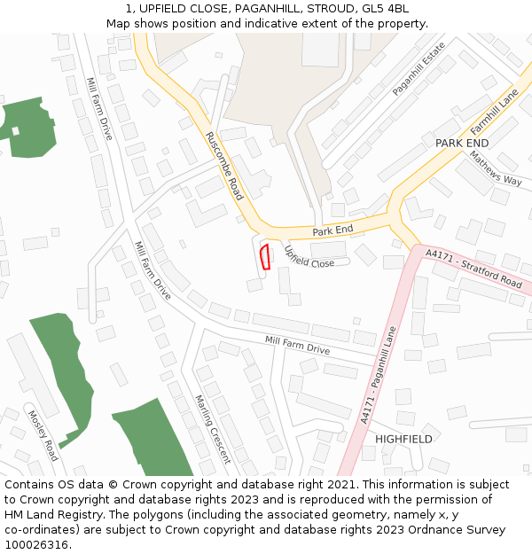 1, UPFIELD CLOSE, PAGANHILL, STROUD, GL5 4BL: Location map and indicative extent of plot