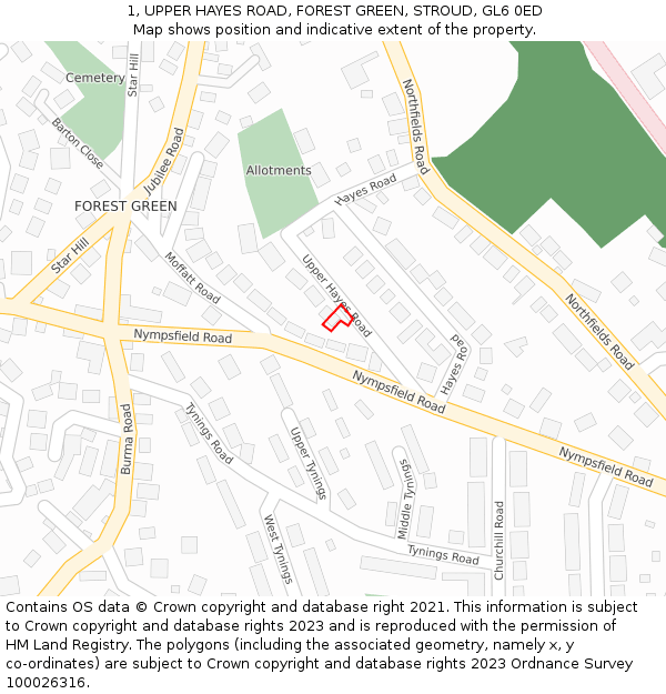 1, UPPER HAYES ROAD, FOREST GREEN, STROUD, GL6 0ED: Location map and indicative extent of plot