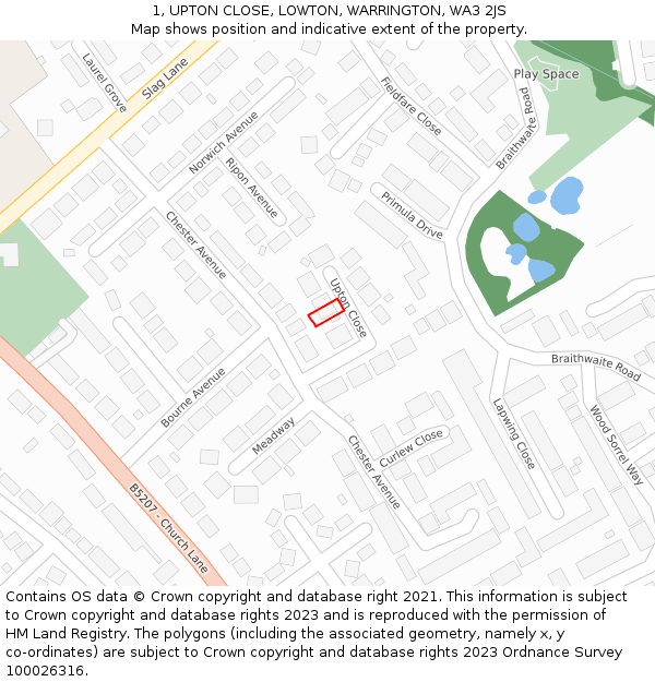 1, UPTON CLOSE, LOWTON, WARRINGTON, WA3 2JS: Location map and indicative extent of plot