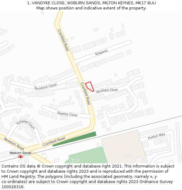 1, VANDYKE CLOSE, WOBURN SANDS, MILTON KEYNES, MK17 8UU: Location map and indicative extent of plot