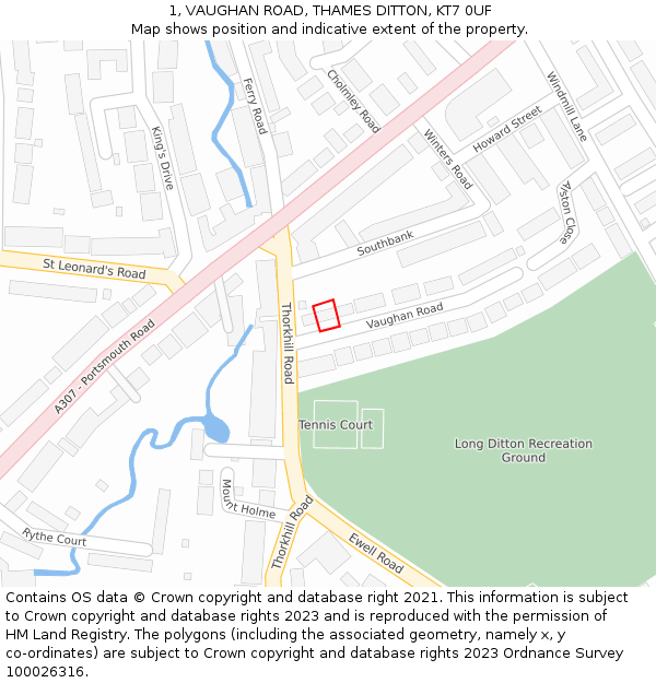 1, VAUGHAN ROAD, THAMES DITTON, KT7 0UF: Location map and indicative extent of plot