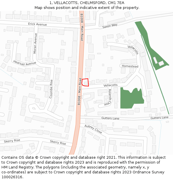 1, VELLACOTTS, CHELMSFORD, CM1 7EA: Location map and indicative extent of plot