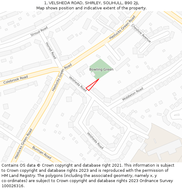 1, VELSHEDA ROAD, SHIRLEY, SOLIHULL, B90 2JL: Location map and indicative extent of plot