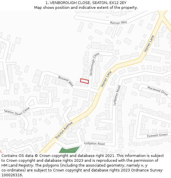 1, VENBOROUGH CLOSE, SEATON, EX12 2EY: Location map and indicative extent of plot