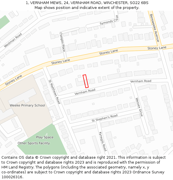 1, VERNHAM MEWS, 24, VERNHAM ROAD, WINCHESTER, SO22 6BS: Location map and indicative extent of plot