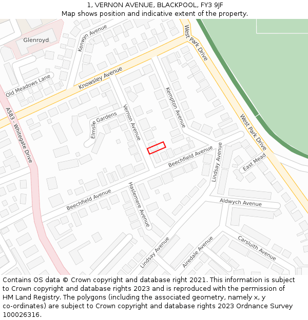 1, VERNON AVENUE, BLACKPOOL, FY3 9JF: Location map and indicative extent of plot