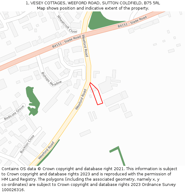 1, VESEY COTTAGES, WEEFORD ROAD, SUTTON COLDFIELD, B75 5RL: Location map and indicative extent of plot