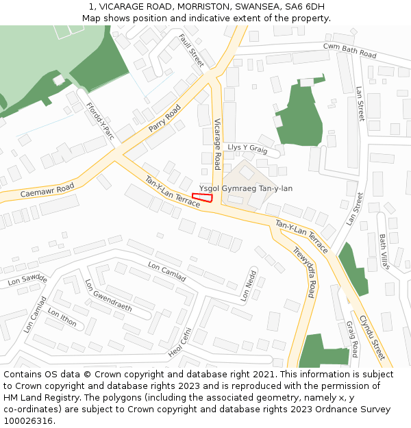 1, VICARAGE ROAD, MORRISTON, SWANSEA, SA6 6DH: Location map and indicative extent of plot