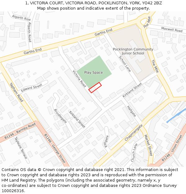 1, VICTORIA COURT, VICTORIA ROAD, POCKLINGTON, YORK, YO42 2BZ: Location map and indicative extent of plot