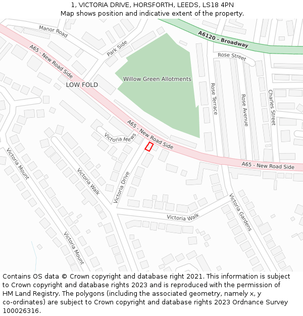 1, VICTORIA DRIVE, HORSFORTH, LEEDS, LS18 4PN: Location map and indicative extent of plot