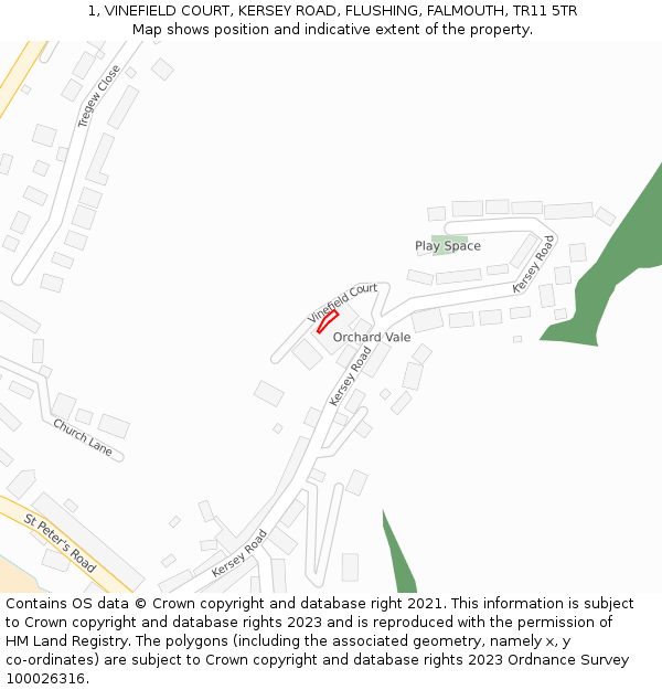 1, VINEFIELD COURT, KERSEY ROAD, FLUSHING, FALMOUTH, TR11 5TR: Location map and indicative extent of plot