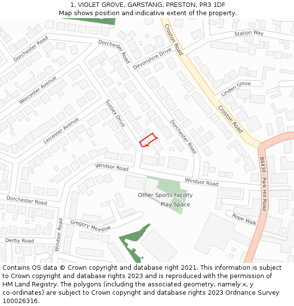 1, VIOLET GROVE, GARSTANG, PRESTON, PR3 1DF: Location map and indicative extent of plot