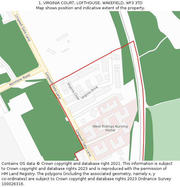 1, VIRGINIA COURT, LOFTHOUSE, WAKEFIELD, WF3 3TD: Location map and indicative extent of plot